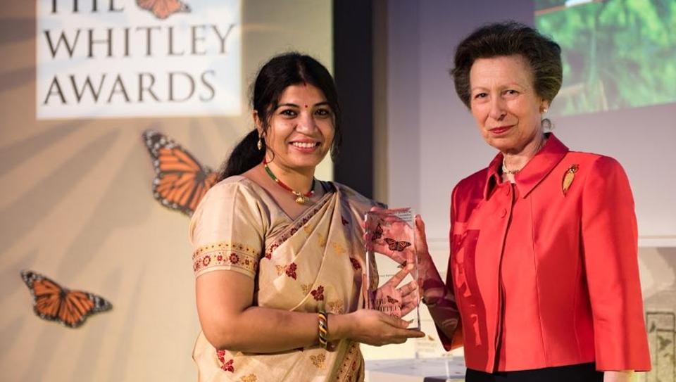 Wildlife activist Purnima Barman receives the Whitley Award from Princess Anne in London.